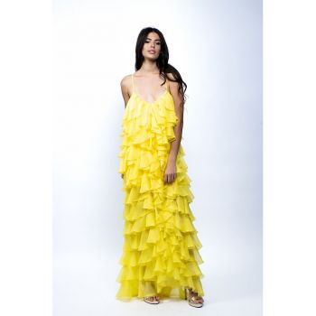 Rochie maxi cu aspect matasos si volane stratificate