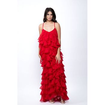 Rochie maxi cu aspect matasos si volane stratificate