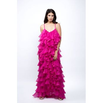 Rochie maxi cu aspect matasos si volane stratificate
