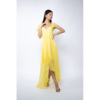 Rochie maxi vaporoasa din matase cu croiala asimetrica