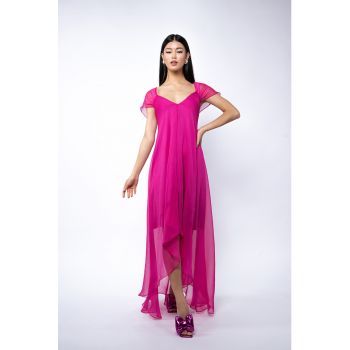 Rochie maxi vaporoasa din matase cu croiala asimetrica