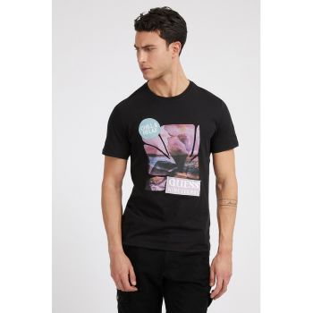 Tricou slim fit din bumbac cu imprimeu grafic si logo
