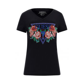 Guess - Tricou din amestec de bumbac organic cu imprimeu si decolteu in V