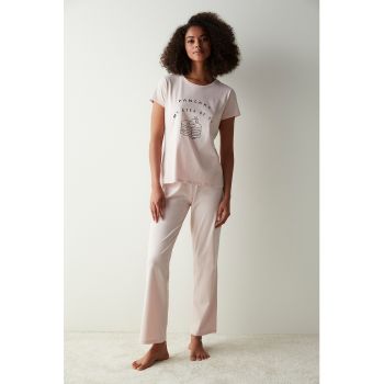 Pijama de bumbac cu imprimeu si pantaloni lungi