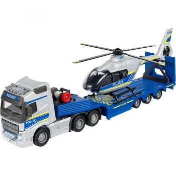 Jucarie Volvo Police Transporter FH-16 Truck with Trailer and Airbus Helicopter Toy Vehicle (blue/silver)