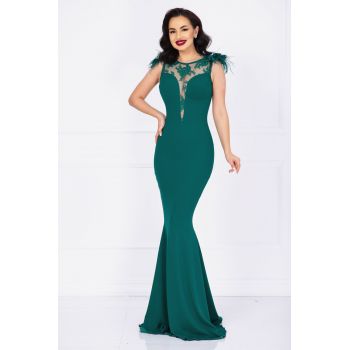 Rochie de lux Kathrin sirena verde cu flori 3D la umeri si fulgi de firma originala