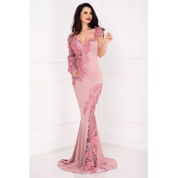 Rochie de lux Selly sirena rose cu flori 3D si paiete discrete
