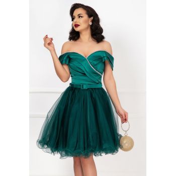 Rochie de ocazie baby-doll verde cu fronseuri si banda din strassuri ieftina