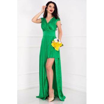 Rochie de ocazie dungata verde cu decupaj pe picior ieftina