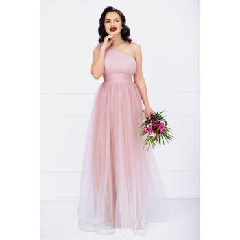 Rochie de seara Kendra lunga rose in degrade eleganta din tulle cu floare 3D de firma originala