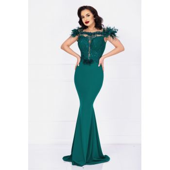 Rochie de seara Noely lunga verde cu broderie pretioasa si fulgi de firma originala