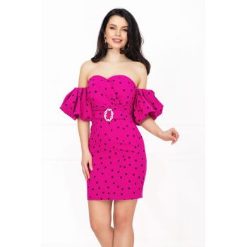 Rochie de zi cu buline Layla fucsia cu maneci gogosar ieftina