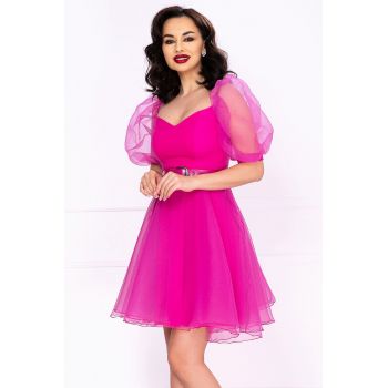 Rochie eleganta in clos fucsia din organza cu centura in talie