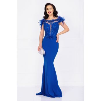 Rochie eleganta Noely albastru royal cu broderie pretioasa si fulgi de firma originala