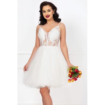 Rochie pretioasa de cununie alba din tulle decorata cu margele