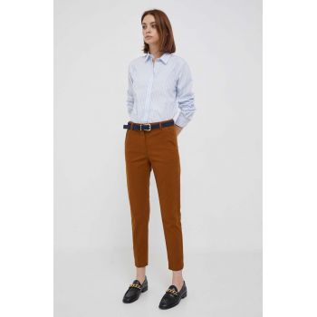 Sisley pantaloni femei, culoarea maro, drept, high waist