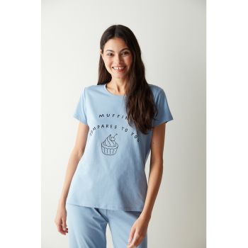 Pijama din bumbac cu imprimeu si maneci scurte