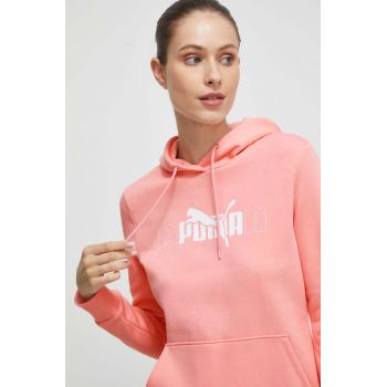 Puma bluza femei, culoarea roz, cu glugă, cu imprimeu ieftin