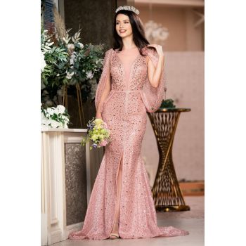 Rochie de lux Zandra rose pretioasa cu perle si pietre pretioase decorative de firma originala