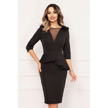 Rochie de ocazie eleganta neagra cu peplum si flori decorative pe umeri ieftina