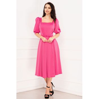 Rochie de ocazie Valeria fucsia cu pliuri si maneci bufante de firma originala