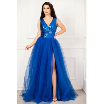 Rochie de seara eleganta Cinderella albastru royal din tulle cu paiete ieftina