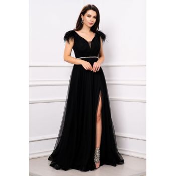 Rochie de seara Gratiela neagra cu perle in talie si accesoriu tip fulgi ieftina