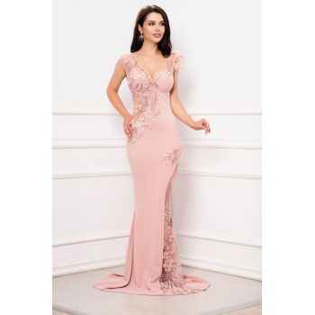 Rochie eleganta de seara sirena Fabrizia roz cu flori 3D brodate ieftina