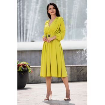 Rochie midi Otilia eleganta olive cu centura in talie