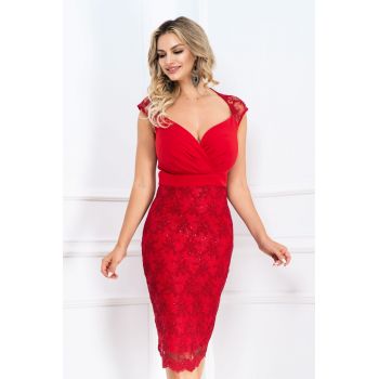 Rochie rosie de ocazie eleganta cu broderie 3D si paiete discrete ieftina