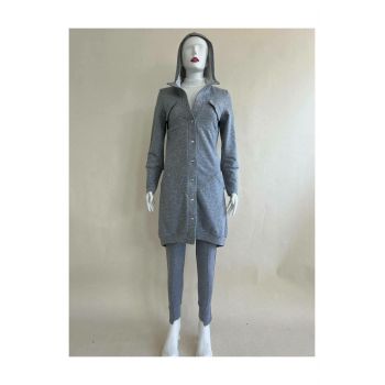 Trening Dama, din 3 Piese, Top Alb, Hanorac Lung si Pantaloni Conici, Dalia, Gri Inchis