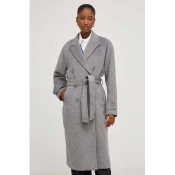 Answear Lab palton de lana culoarea gri, de tranzitie, cu doua randuri de nasturi ieftin