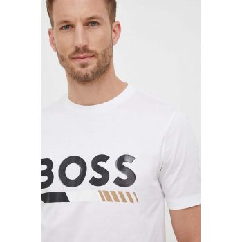 BOSS tricou din bumbac culoarea alb, cu imprimeu