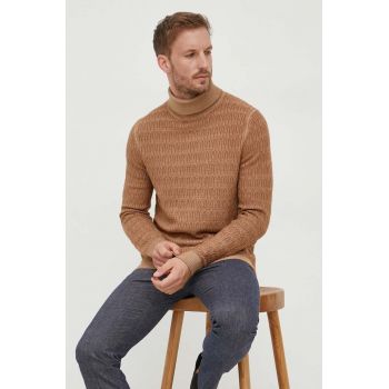 Joop! pulover de lana barbati, culoarea maro, cu guler de firma original