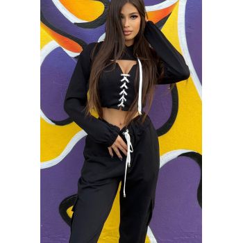 Trening de Dama, din Bumbac, 3 piese, Top cu Manecar si Pantalon Cargo, Universe, Negru