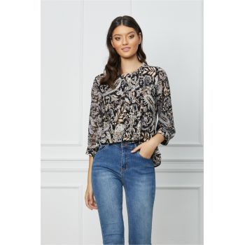 Bluza Bianca neagra cu imprimeuri bej si pliuri pe bust
