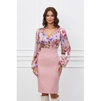 Rochie Dy Fashion roz cu imprimeuri florale lila la bust la reducere