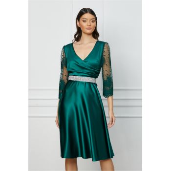 Rochie Ella Collection Adria verde cu dantela florala si cordon in talie