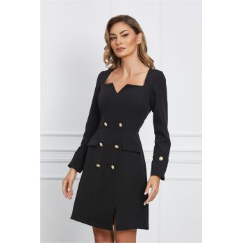 Rochie Moze neagra cu nasturi decorativi si maneci lungi