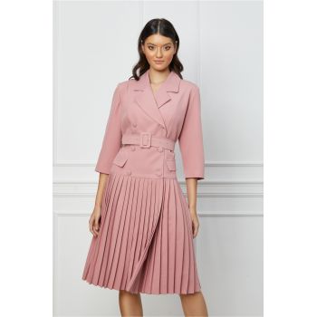 Rochie Vera roz tip sacou cu pliuri pe fusta si curea in talie