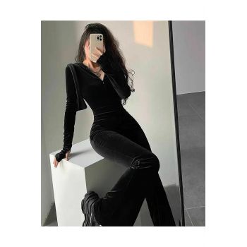 Salopeta de Dama,Casual Sport,Cambrata pe Talie, Evazata, din Catifea,Decupata pe Deget, Kaliente, Neagra