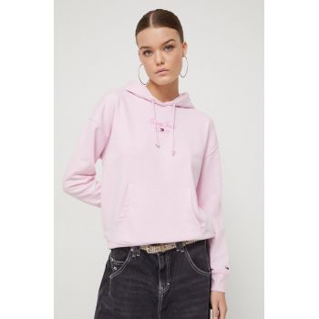 Tommy Jeans bluza femei, culoarea roz, cu glugă, cu imprimeu