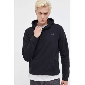Hollister Co. bluza barbati, culoarea negru, cu glugă, cu imprimeu