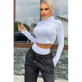 Trening Dama, din 3 Piese, Pantalon Negru din Fas, Bluza Alba Scurta, si Chilot Alb, Hott, Negru