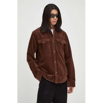 Les Deux camasa din velur culoarea maro, cu guler clasic, regular