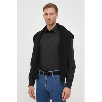 Trussardi camasa barbati, culoarea negru, cu guler italian, slim de firma originala