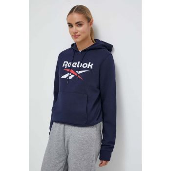 Reebok bluza femei, culoarea albastru marin, cu glugă, cu imprimeu