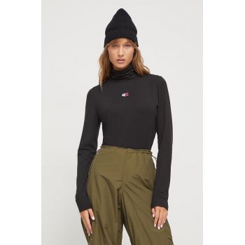 Tommy Jeans longsleeve femei, culoarea negru, cu guler