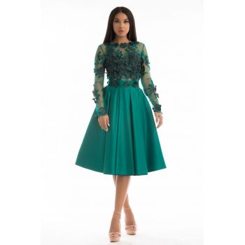 Rochie de ocazie verde din tafta cu partea superioara din broderie cu flori 3D