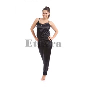 Pijama Belle Chic, Shiny Satin Fabric, Midnight Black la reducere